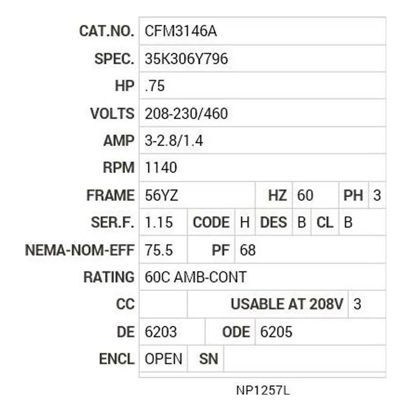 CFM3146A Baldor .75 HP, 1140 RPM, 3 PH, 60 HZ, 56YZ, 3520M, OPEN Motor Nameplate - view 2