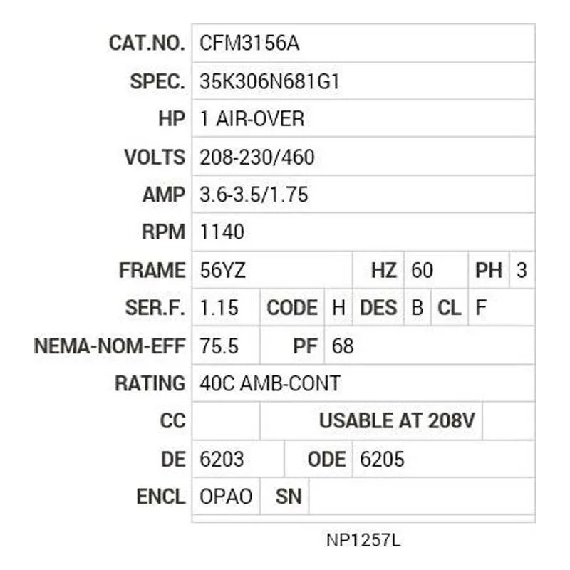 CFM3156A Baldor 1 HP, 1140 RPM, 3 PH, 60 HZ, 56YZ, 3522M, OPEN, F1 Motor Nameplate - view 2