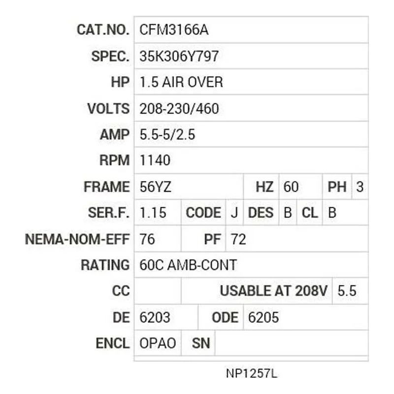 CFM3166A Baldor 1.5HP AIROVER, 1140 RPM, 3 PH, 60 HZ, 56YZ, OPAO Motor Nameplate - view 2