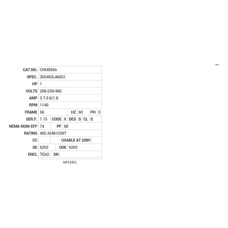 CHM565A Baldor 1 HP, 1140 RPM, 3 PH, 60 HZ, 56, 3524M, TEAO, F1, N Motor Nameplate - view 2