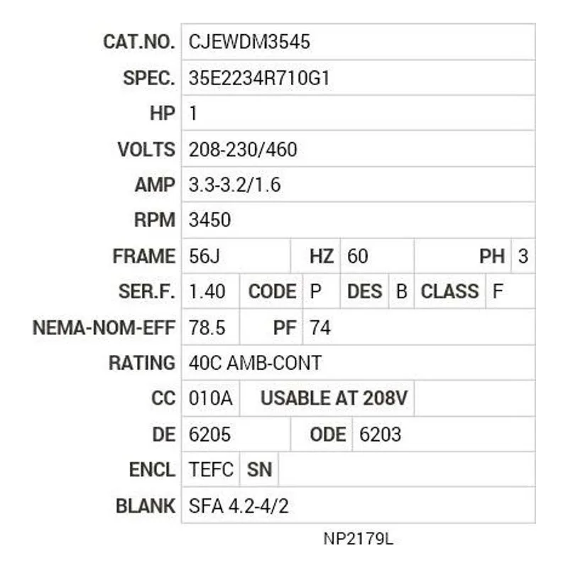 CJEWDM3545 Baldor 1 HP, 3450 RPM, 3 PH, 60 HZ, 56J, 3520M, TEFC, F1, N Motor Nameplate - view 2