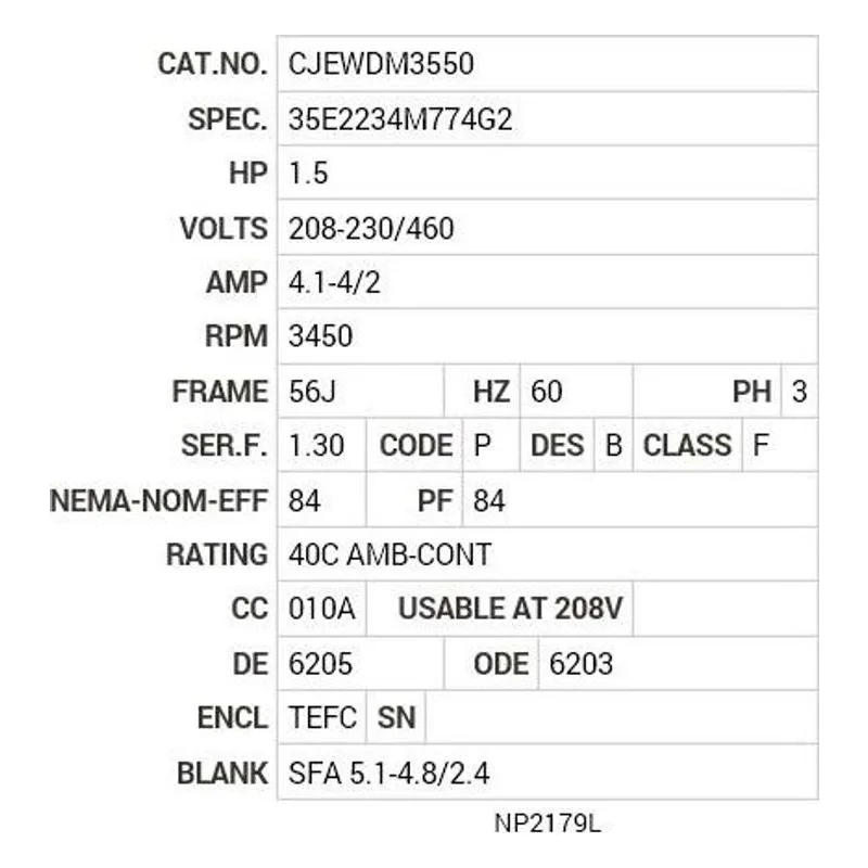 CJEWDM3550 Baldor 1.5 HP, 3450 RPM, 3 PH, 60 HZ, 56J, 3526M, TEFC, F1 Motor Nameplate - view 2
