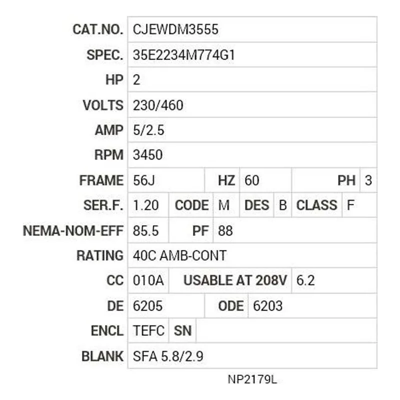 CJEWDM3555 Baldor 2 HP, 3450 RPM, 3 PH, 60 HZ, 56J, 3526M, TEFC, F1, N Motor Nameplate - view 2