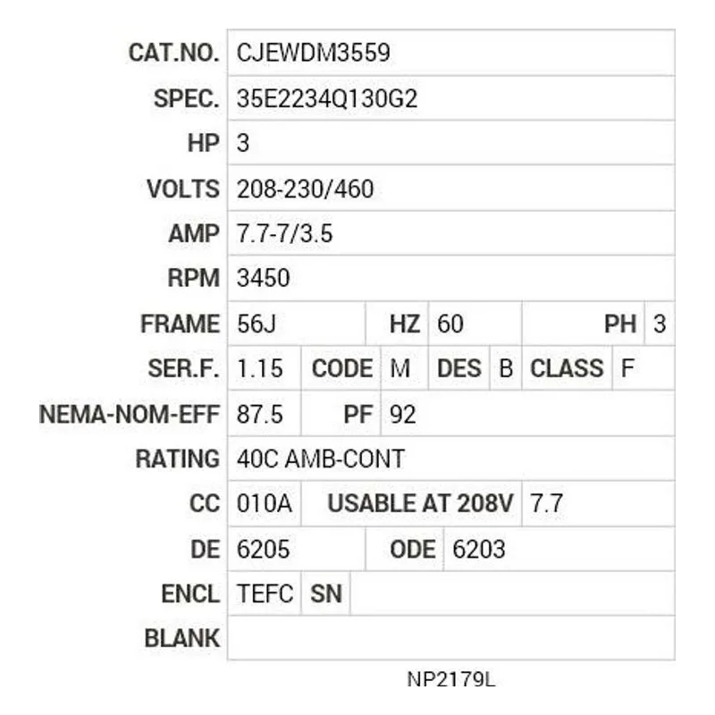 CJEWDM3559 Baldor 3 HP, 3450 RPM, 3 PH, 60 HZ, 56J, 3540M, TEFC, F1, N Motor Nameplate - view 2