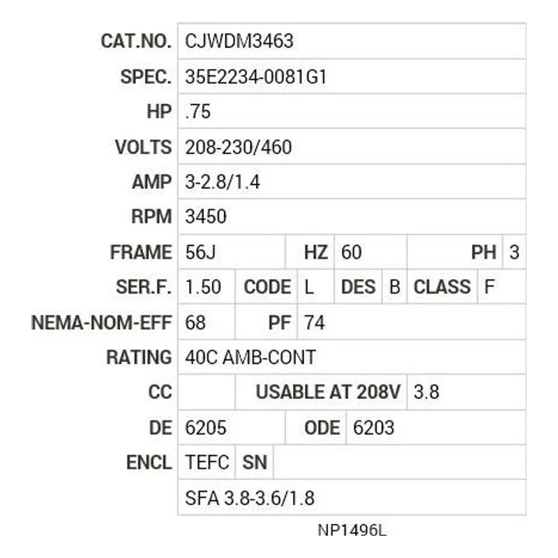 CJWDM3463 Baldor .75 HP, 3450 RPM, 3 PH, 60 HZ, 56J, 3513M, TEFC, F1 Motor Nameplate - view 2