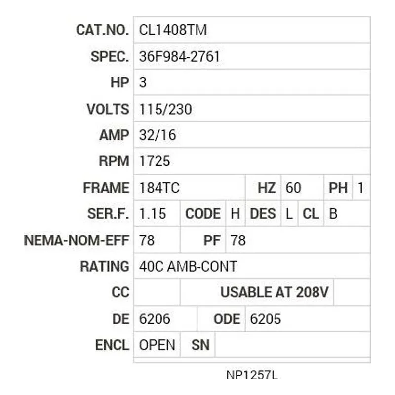 CL1408TM Baldor 3 HP, 1725 RPM, 1 PH, 60 HZ, 184TC, 3634LC, OPEN Motor Nameplate - view 2