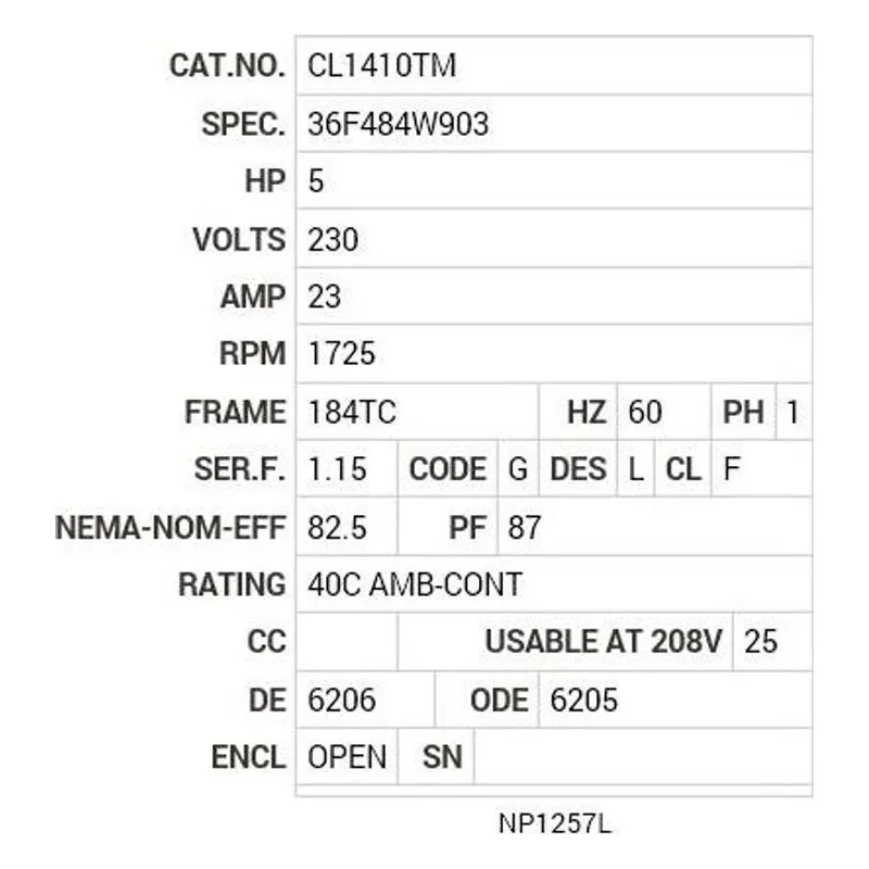 CL1410TM Baldor 5 HP, 1725 RPM, 1 PH, 60 HZ, 184TC, 3640LC, OPEN Motor Nameplate - view 2