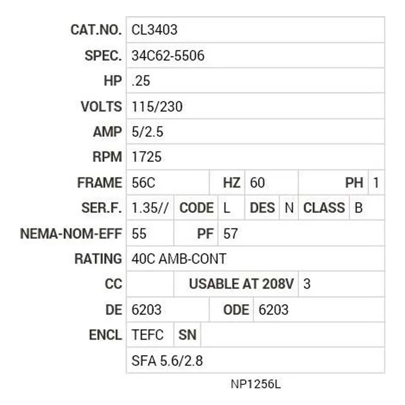CL3403 Baldor 11L 4P TEFC HOR 56C Motor Nameplate - view 2