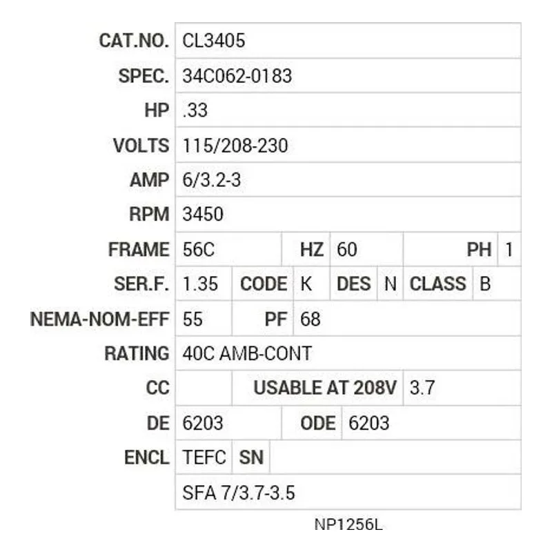 CL3405 Baldor .33 HP, 3450 RPM, 1 PH, 60 HZ, 56C, 3413L, TEFC, F1 Motor Nameplate - view 2
