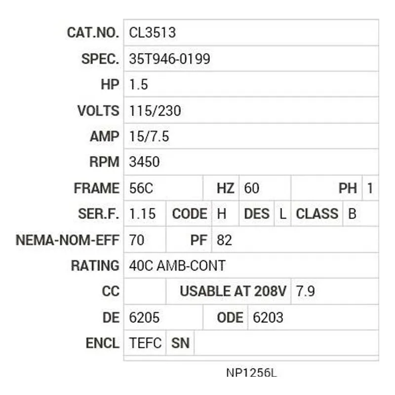 CL3513 Baldor 1.5 HP, 3450 RPM, 1 PH, 60 HZ, 56C, 3528L, TEFC, F1 Motor Nameplate - view 2