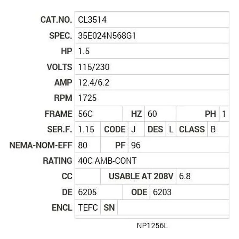 CL3514 Baldor 1.5 HP, 1725 RPM, 1 PH, 60 HZ, 56C, 3532LC, TEFC, F Motor Nameplate - view 2