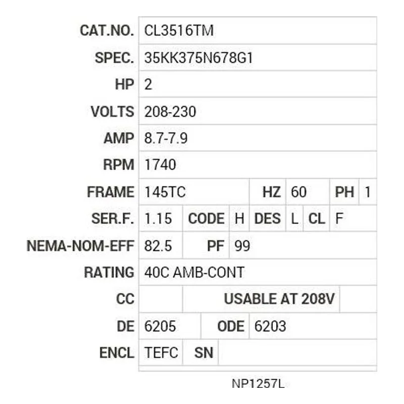 CL3516TM Baldor 2 HP, 1740 RPM, 1 PH, 60 HZ, 145TC, 3535LC, TEFC, F Motor Nameplate - view 2