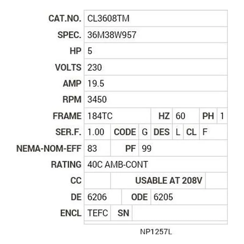CL3608TM Baldor 5 HP, 3450 RPM, 1 PH, 60 HZ, 184TC, 3640LC, TEFC Motor Nameplate - view 2