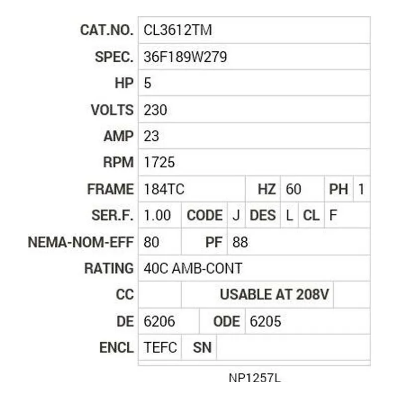 CL3612TM Baldor 5 HP, 1725 RPM, 1 PH, 60 HZ, 184TC, 3646LC, TEFC Motor Nameplate - view 2
