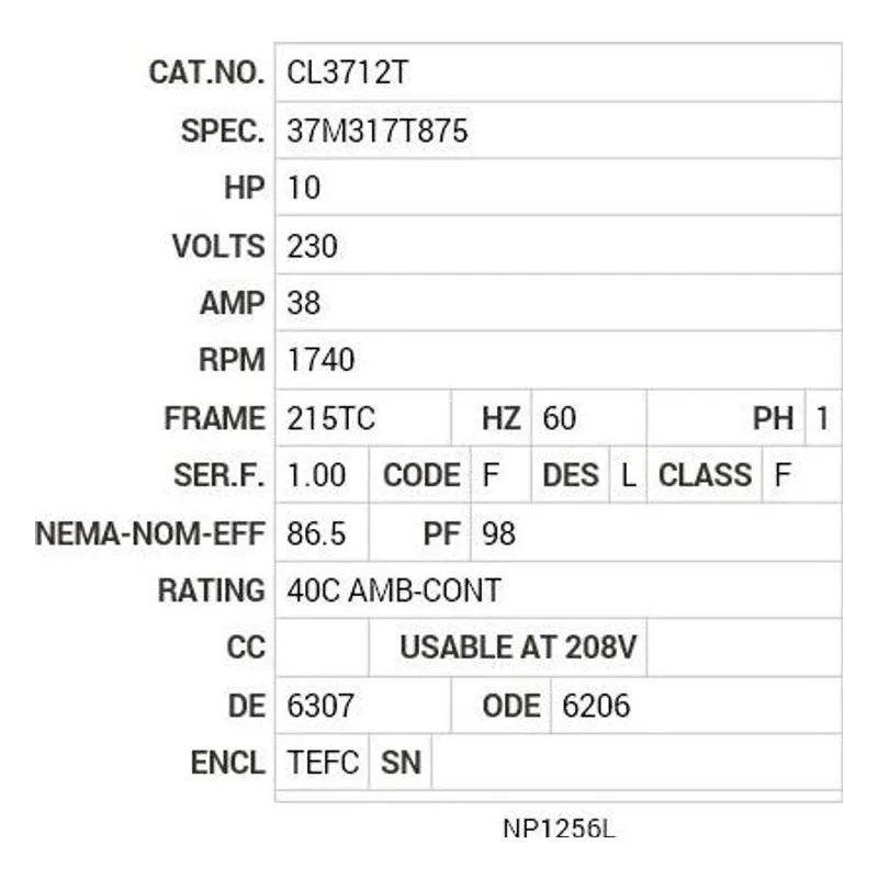 CL3712T Baldor 10 HP, 1740 RPM, 1 PH, 60 HZ, 213TC, 3748LC, TEFC Motor Nameplate - view 2