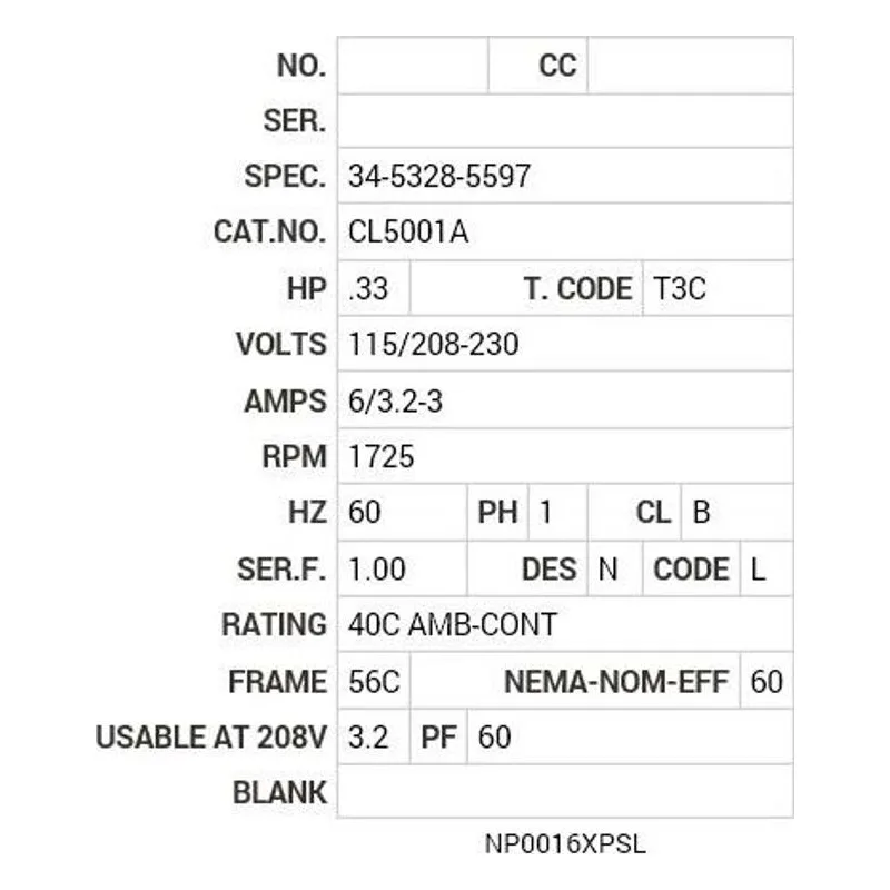 CL5001A Baldor .33 HP, 1725 RPM, 1 PH, 60 HZ, 56C, X3414L, XPFC Motor Nameplate - view 2