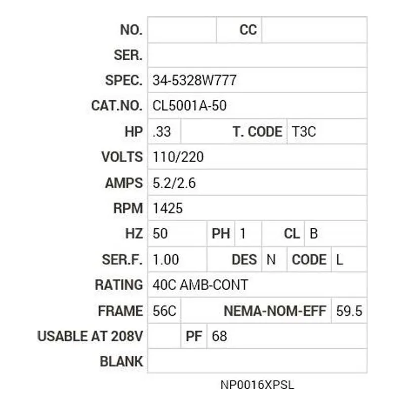 CL5001A-50 Baldor .33 HP, 1425 RPM, 1 PH, 50 HZ, 56C, X3421L, XPFC Motor Nameplate - view 2