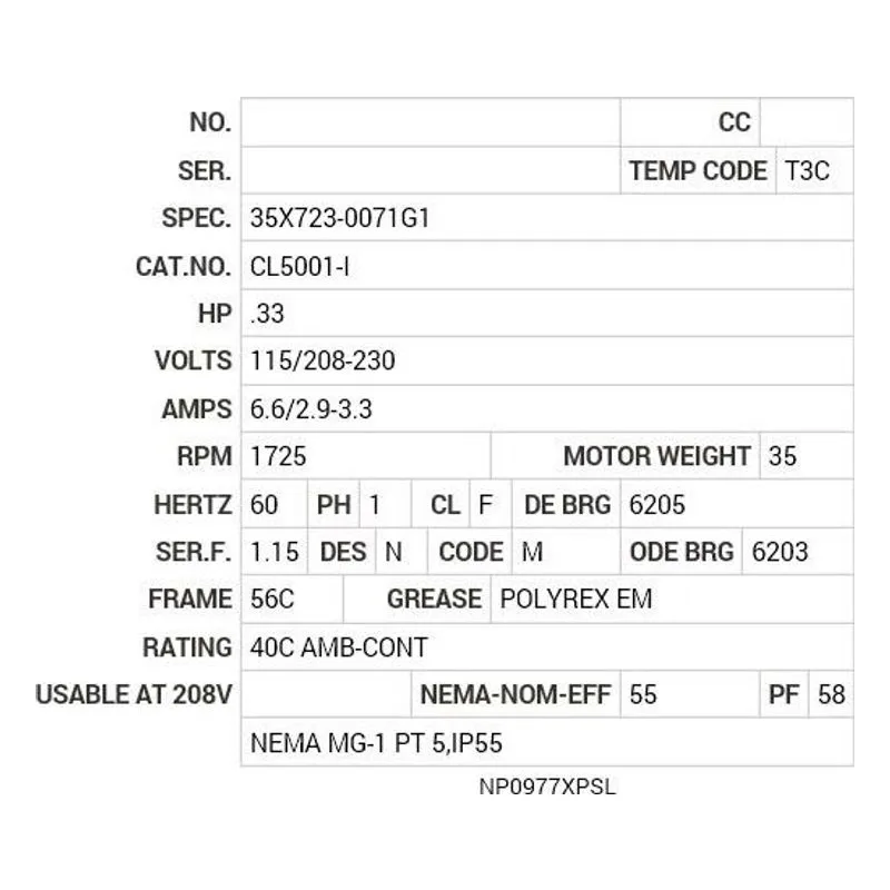 CL5001-I Baldor .33 HP, 1725 RPM, 1 PH, 60 HZ, 56C, 3513L, XPFC, F1 Motor Nameplate - view 2