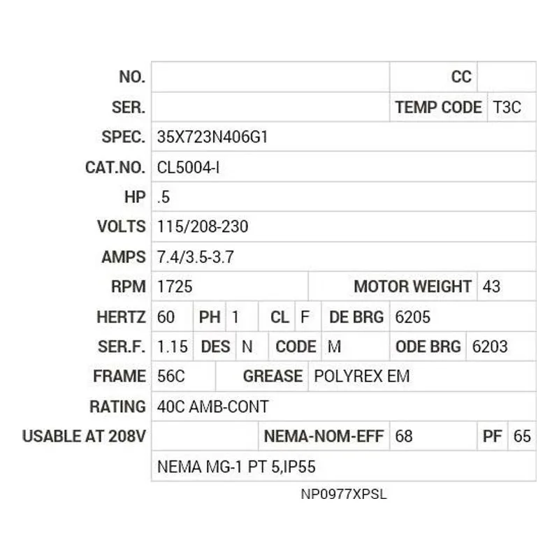 CL5004-I Baldor .5 HP, 1725 RPM, 1 PH, 60 HZ, 56C, 3520L, XPFC, F1 Motor Nameplate - view 2