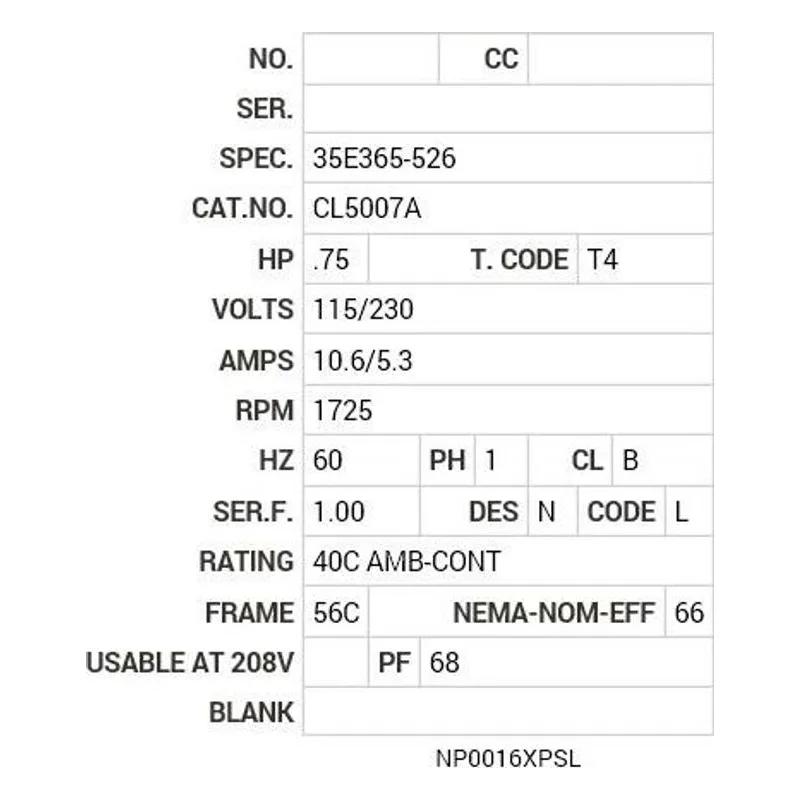 CL5007A Baldor .75 HP, 1725 RPM, 1 PH, 60 HZ, 56C, X3524L, XPFC Motor Nameplate - view 2
