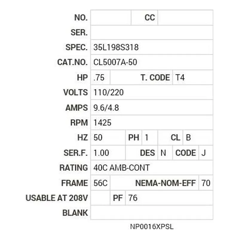 CL5007A-50 Baldor .75 HP, 1425 RPM, 1 PH, 50 HZ, 56C, 3528L, XPFC, F1 Motor Nameplate - view 2