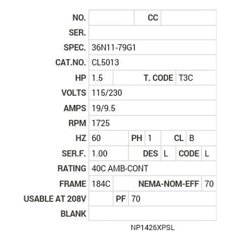 CL5013 Baldor 1.5 HP, 1725 RPM, 1 PH, 60 HZ, 184C, X3628L, XPFC Motor Nameplate - view 2