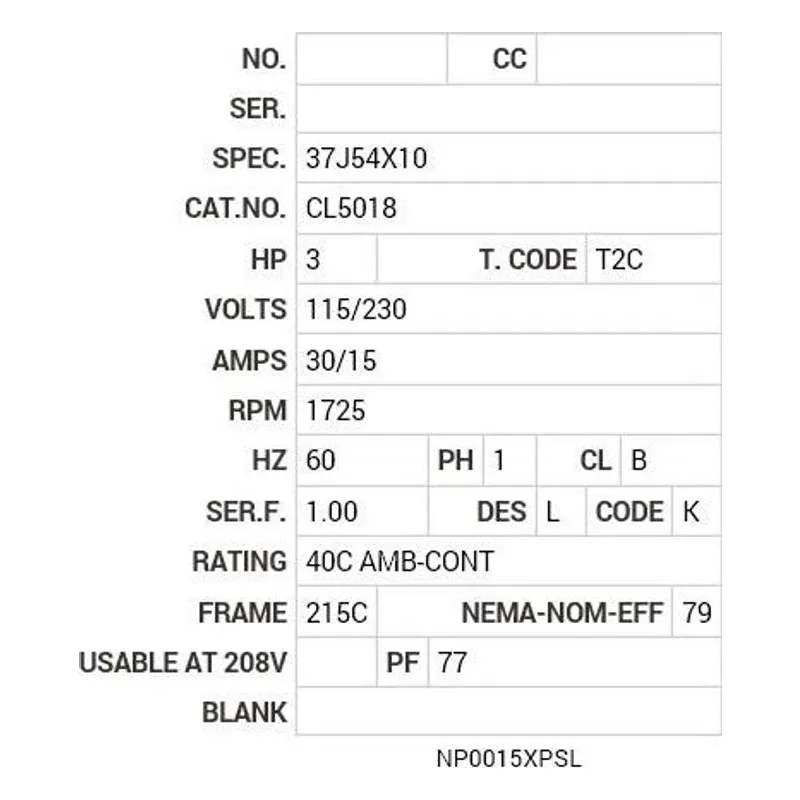 CL5018 Baldor 3 HP, 1725 RPM, 1 PH, 60 HZ, 215C, X3735L, XPFC, F1 Motor Nameplate - view 2