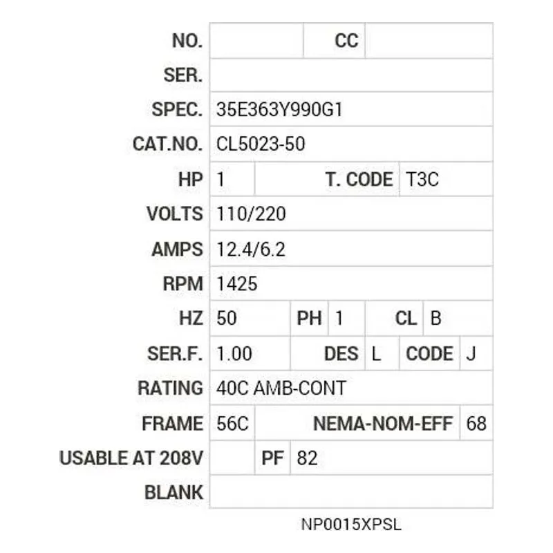 CL5023-50 Baldor 1 HP, 1425 RPM, 1 PH, 50 HZ, 56, C, 3528L, XPFC, F1 Motor Nameplate - view 2