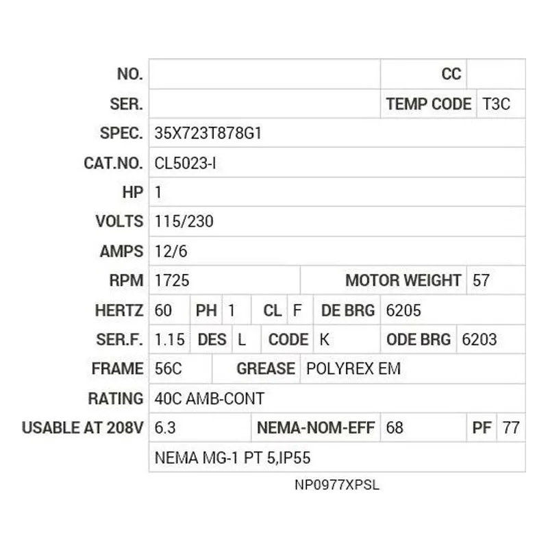 CL5023-I Baldor 1 HP, 1725 RPM, 1 PH, 60 HZ, 56C, 3532L, XPFC, F1, N Motor Nameplate - view 2