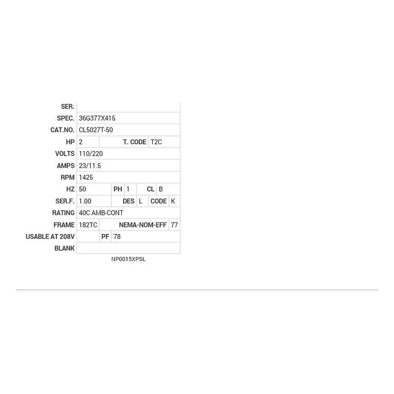 CL5027T-50 Baldor 2 HP, 1425 RPM, 1 PH, 50 HZ, 182TC, X3646L, XPFC Motor Nameplate - view 2