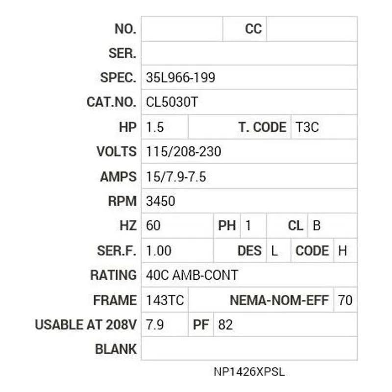 CL5030T Baldor 1.5 HP, 3450 RPM, 1 PH, 60 HZ, 143TC, X3528L, XPFC Motor Nameplate - view 2