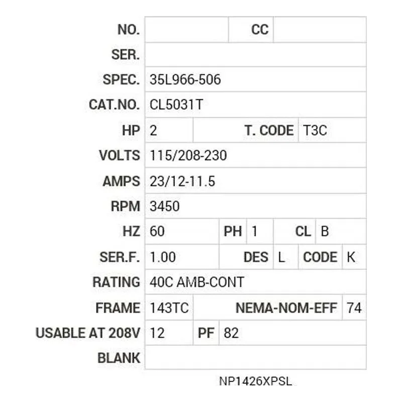 CL5031T Baldor 2 HP, 3450 RPM, 1 PH, 60 HZ, 143TC, X3535L, XPFC Motor Nameplate - view 2