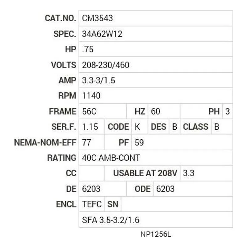 CM3543 Baldor .75 HP, 1140 RPM, 3 PH, 60 HZ, 56C, 3428M, TEFC, F1 Motor Nameplate - view 2