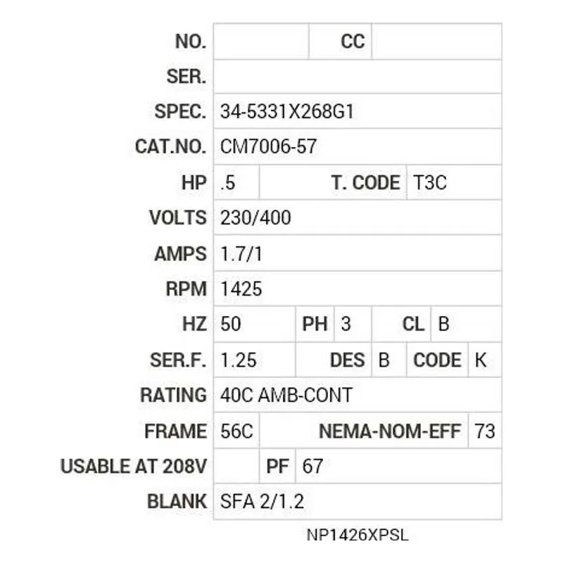 CM7006-57 Baldor .5 HP, 1425 RPM, 3 PH, 50 HZ, 56C, 3420M, XPFC, F1 Motor Nameplate - view 2