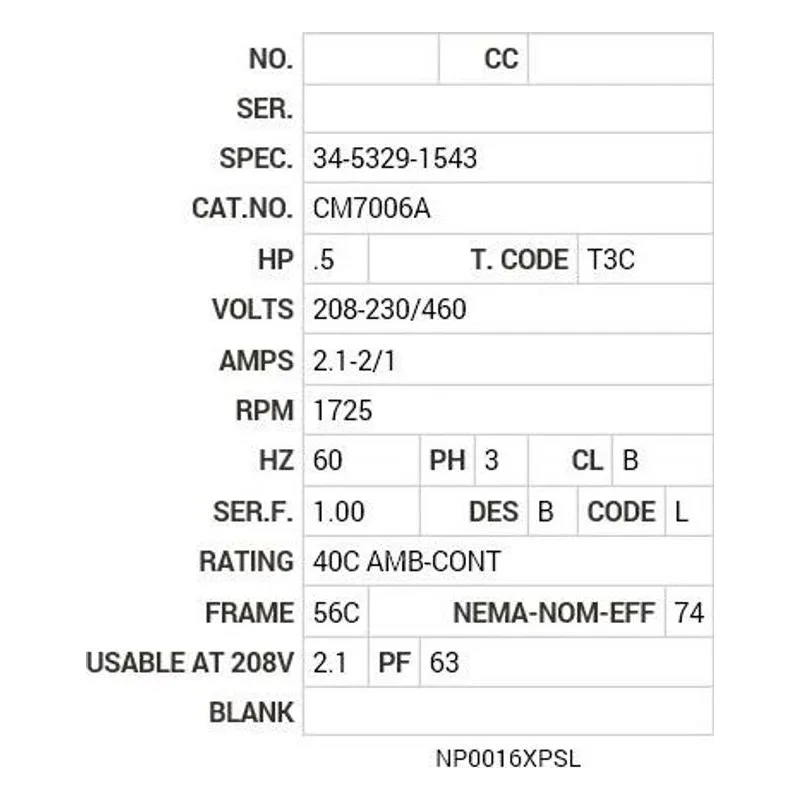 CM7006A Baldor .5 HP, 1725 RPM, 3 PH, 60 HZ, 56C, X3416M, XPFC, F1 Motor Nameplate - view 2