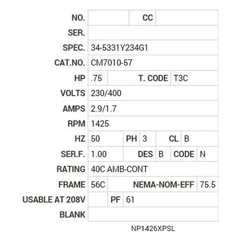CM7010-57 Baldor .75 HP, 1425 RPM, 3 PH, 50 HZ, 56C, 3428M, XPFC, F1 Motor Nameplate - view 2