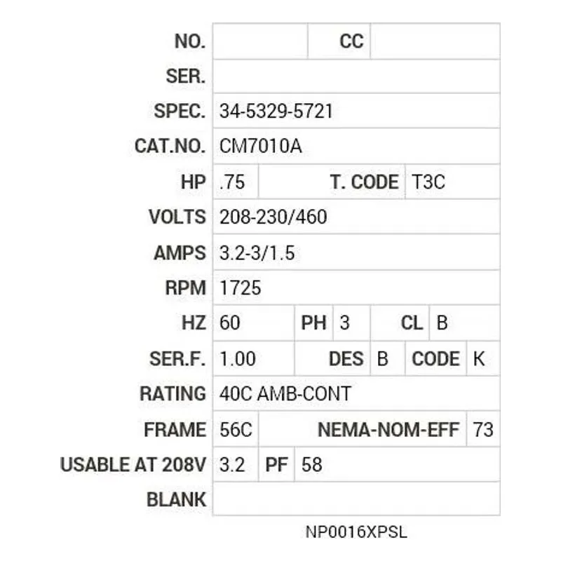 CM7010A Baldor .75 HP, 1725 RPM, 3 PH, 60 HZ, 56C, X3420M, XPFC Motor Nameplate - view 2