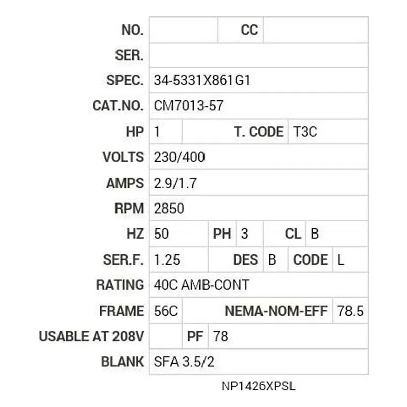 CM7013-57 Baldor 1 HP, 2850 RPM, 3 PH, 50 HZ, 56C, 3420M, XPFC, F1, N Motor Nameplate - view 2