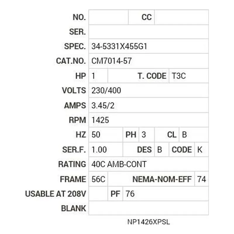 CM7014-57 Baldor 1 HP, 1425 RPM, 3 PH, 50 HZ, 56C, 3432M, XPFC, F1, N Motor Nameplate - view 2