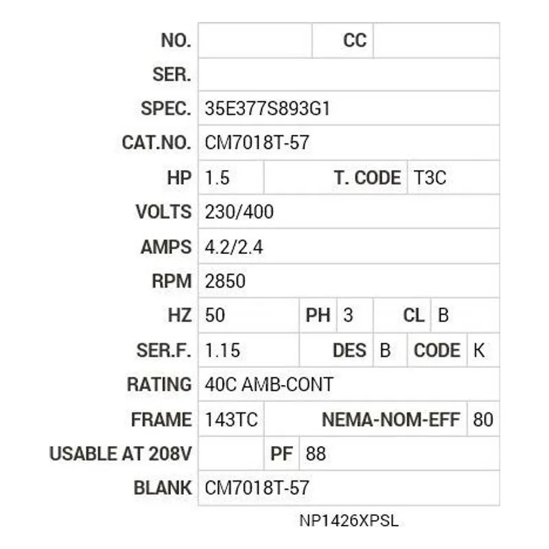 CM7018T-57 Baldor 1.5 HP, 2850 RPM, 3 PH, 50 HZ, 143TC, 3520M, XPFC Motor Nameplate - view 2