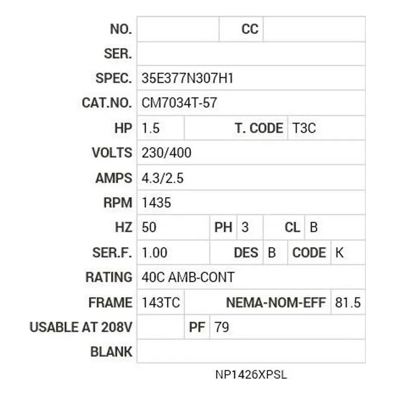 CM7034T-57 Baldor 1.5 HP, 1435 RPM, 3 PH, 50 HZ, 143TC, 3521M, XPFC Motor Nameplate - view 2