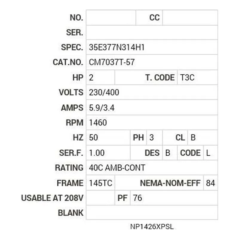 CM7037T-57 Baldor 2 HP, 1450 RPM, 3 PH, 50 HZ, 145TC, 3534M, XPFC, F1 Motor Nameplate - view 2