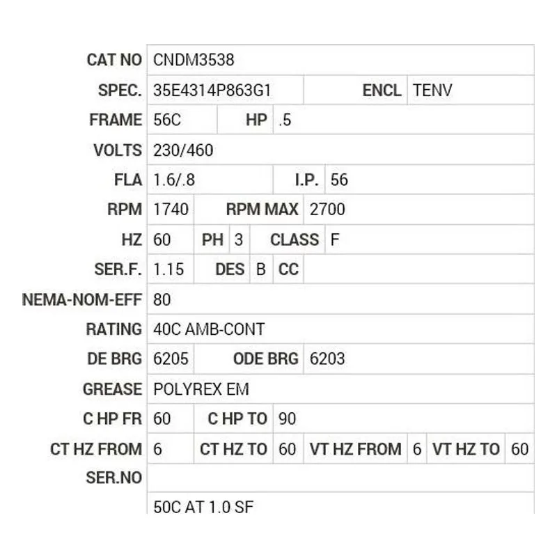 CNDM3538 Baldor .5 HP, 1740 RPM, 3 PH, 60 HZ, 56C, 3512M, TENV, F1 Motor Nameplate - view 2