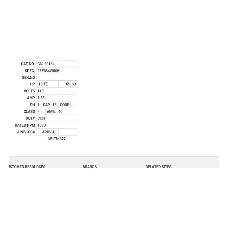 CNL20134 Baldor .13 HP, 1600 RPM, 1 PH, 60 HZ, 2520C, TENV, F1 Motor Nameplate - view 2