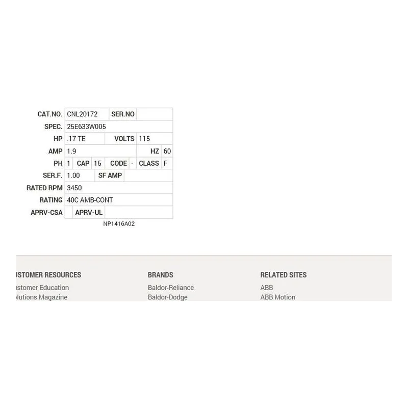 CNL20172 Baldor .17 HP, 3450 RPM, 1 PH, 60 HZ, 2524C, TENV, F1 Motor Nameplate - view 2