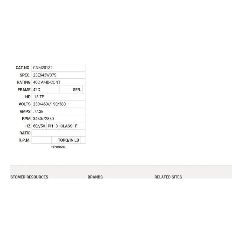 CNM20132 Baldor .13 HP, 2850/3450 RPM, 3 PH, 50/60 HZ, 2510M Motor Nameplate - view 2