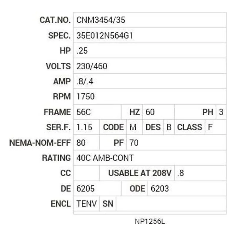 CNM3454/35 Baldor .25 HP, 1750 RPM, 3 PH, 60 HZ, 56C, 3513M, TENV, F1 Motor Nameplate - view 2