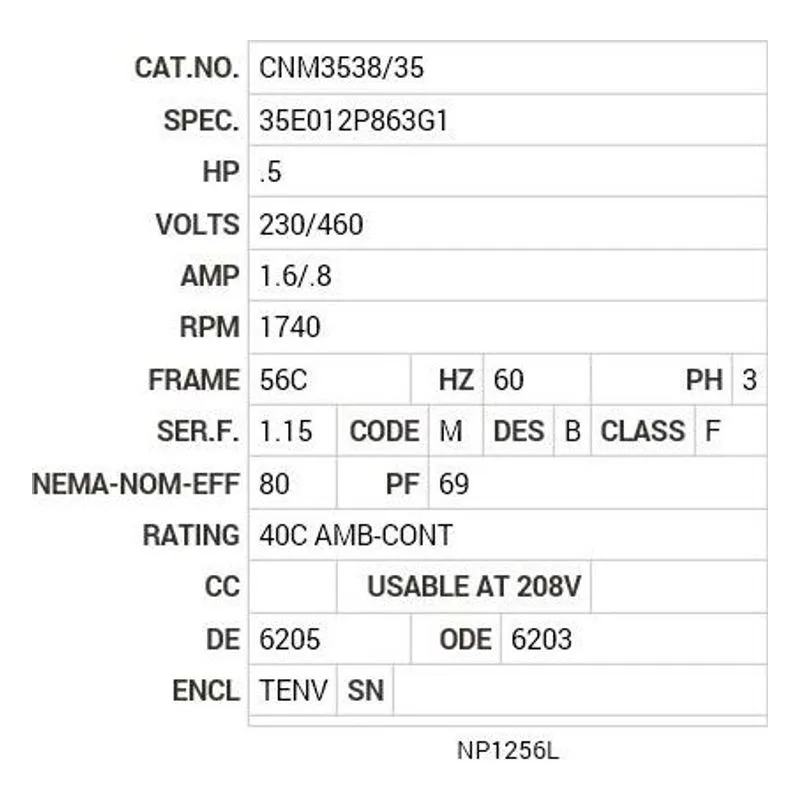 CNM3538/35 Baldor .5 HP, 1740 RPM, 3 PH, 60 HZ, 56C, 3512M, TENV, F1 Motor Nameplate - view 2