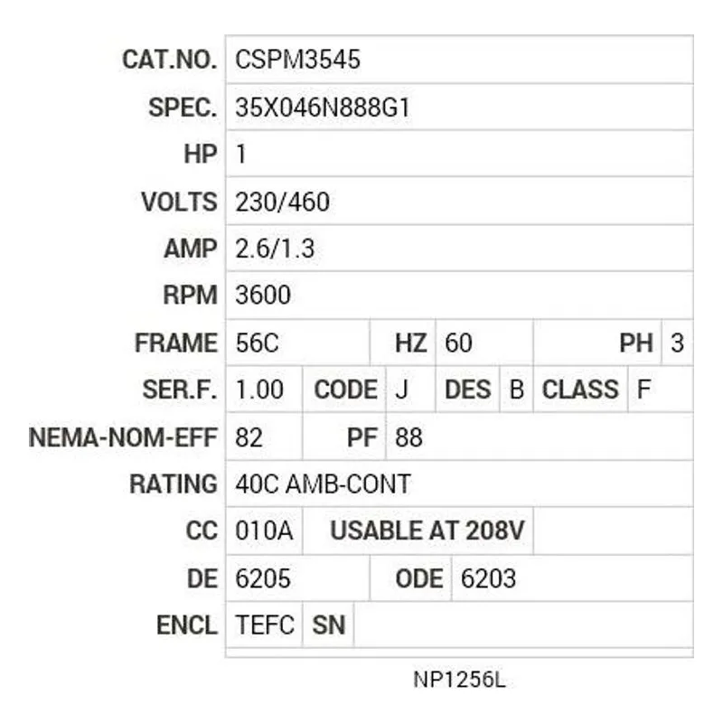 CSPM3545 Baldor 1 HP, 3600 RPM, 0 PH, 60 HZ, 56C, TEFC, F3, N Motor Nameplate - view 2