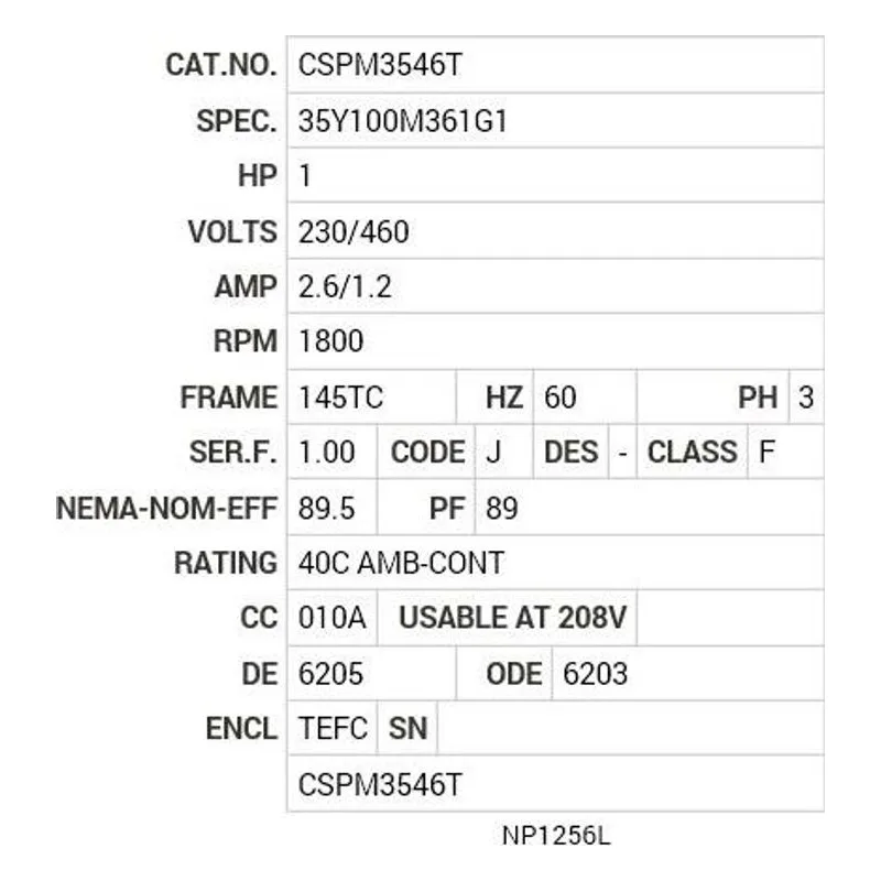 CSPM3546T Baldor 1 HP, 1800 RPM, 3 PH, 60 HZ, 145TC, 3520M, TEFC, F3 Motor Nameplate - view 2